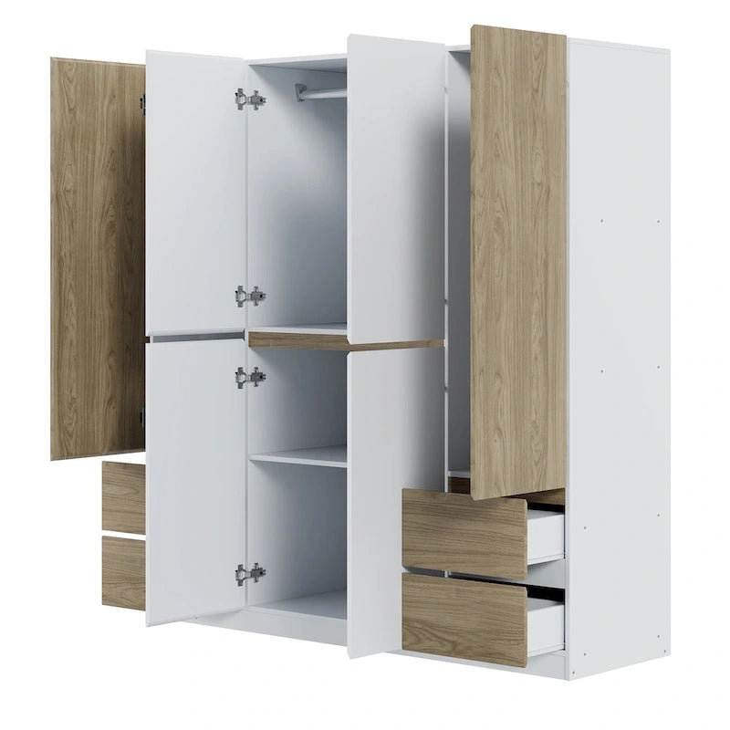 Armadio a 6 ante in legno con cassetti, bianco e naturale / nero e naturale, 1 persona