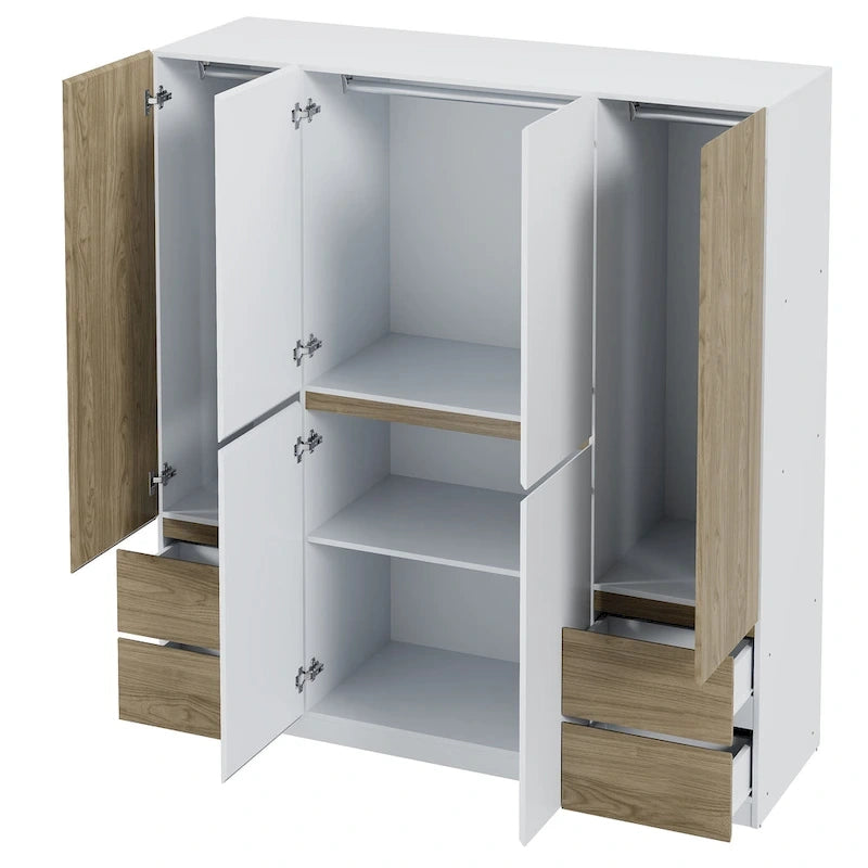 Armadio a 6 ante in legno con cassetti, bianco e naturale / nero e naturale, 1 persona