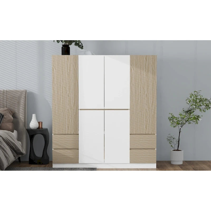 Armadio a 6 ante in legno con cassetti, bianco e naturale / nero e naturale, 1 persona