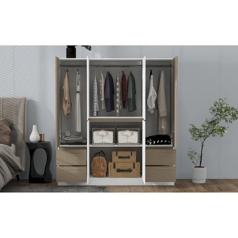 Armadio a 6 ante in legno con cassetti, bianco e naturale / nero e naturale, 1 persona