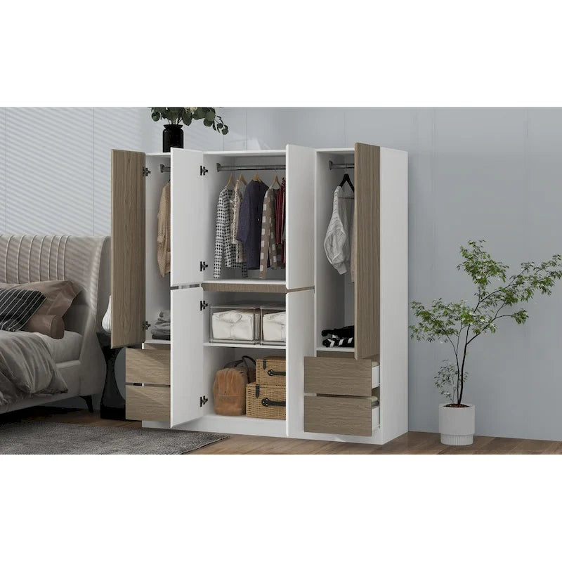 Armadio a 6 ante in legno con cassetti, bianco e naturale / nero e naturale, 1 persona