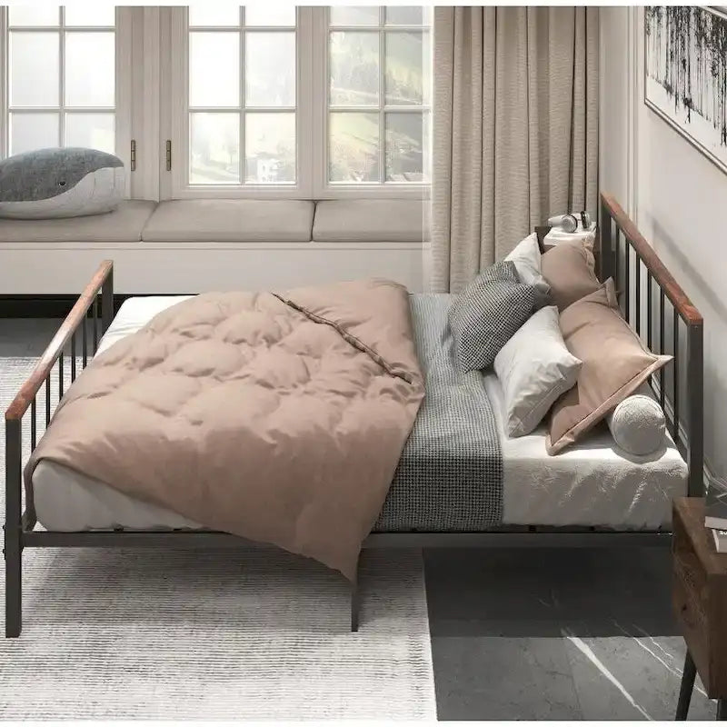 Struttura letto a piattaforma in metallo nero con testiera e pediera, Queen, per 2-3 persone