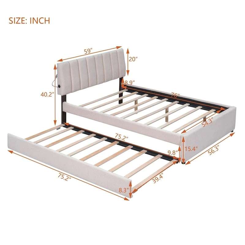Letto imbottito a piattaforma Full Size beige/grigio con letto estraibile e LED – Per 2 persone