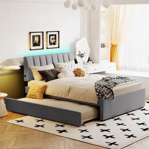 Letto imbottito a piattaforma Full Size beige/grigio con letto estraibile e LED – Per 2 persone