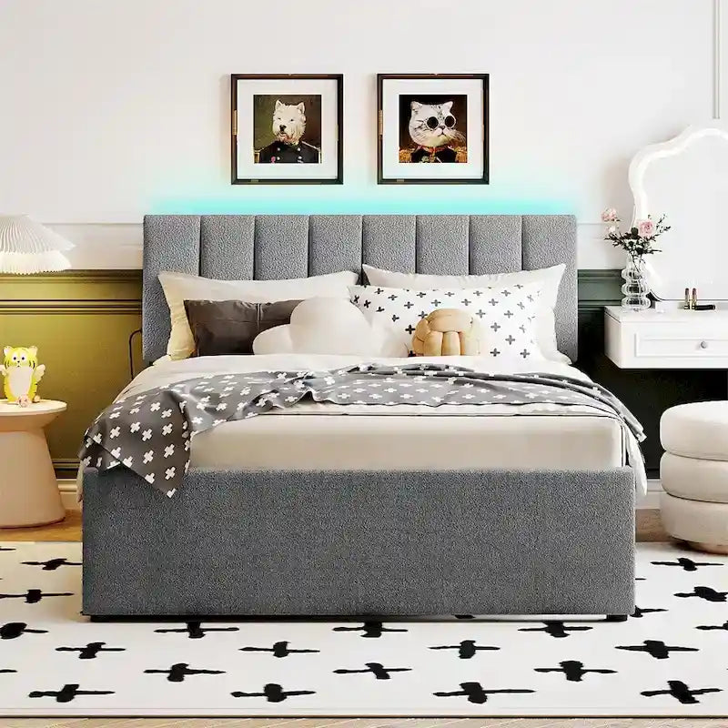 Letto imbottito a piattaforma Full Size beige/grigio con letto estraibile e LED – Per 2 persone