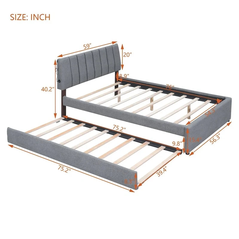 Letto imbottito a piattaforma Full Size beige/grigio con letto estraibile e LED – Per 2 persone