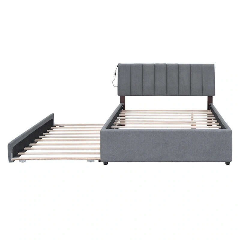 Letto imbottito a piattaforma Full Size beige/grigio con letto estraibile e LED – Per 2 persone