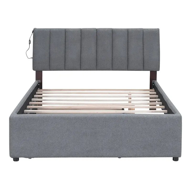 Letto imbottito a piattaforma Full Size beige/grigio con letto estraibile e LED – Per 2 persone