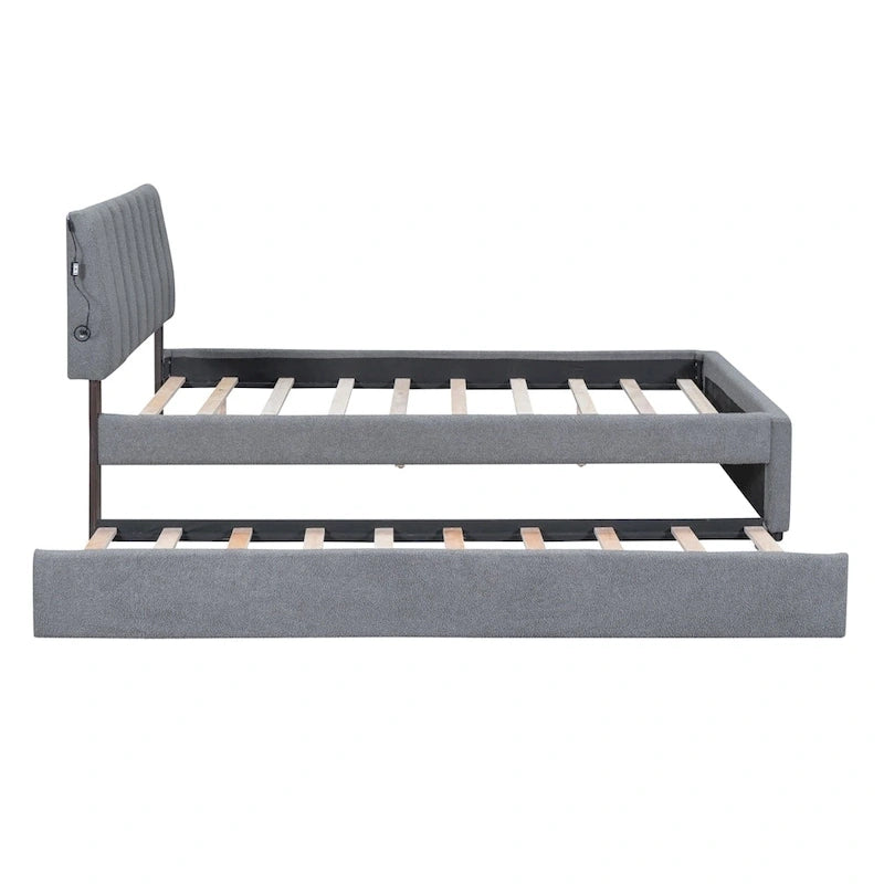 Letto imbottito a piattaforma Full Size beige/grigio con letto estraibile e LED – Per 2 persone
