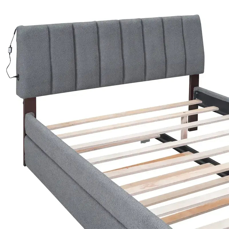 Letto imbottito a piattaforma Full Size beige/grigio con letto estraibile e LED – Per 2 persone