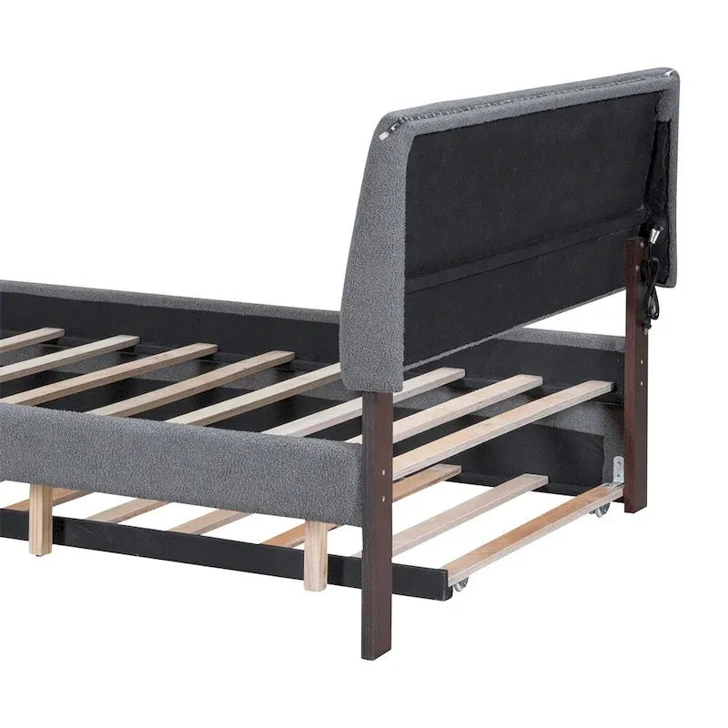 Letto imbottito a piattaforma Full Size beige/grigio con letto estraibile e LED – Per 2 persone