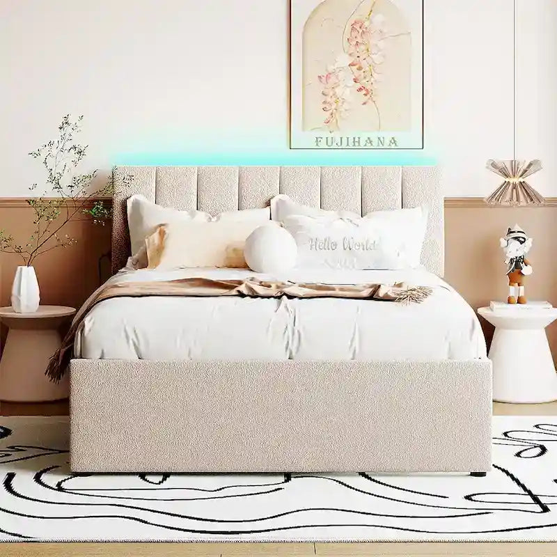 Letto imbottito a piattaforma Full Size beige/grigio con letto estraibile e LED – Per 2 persone