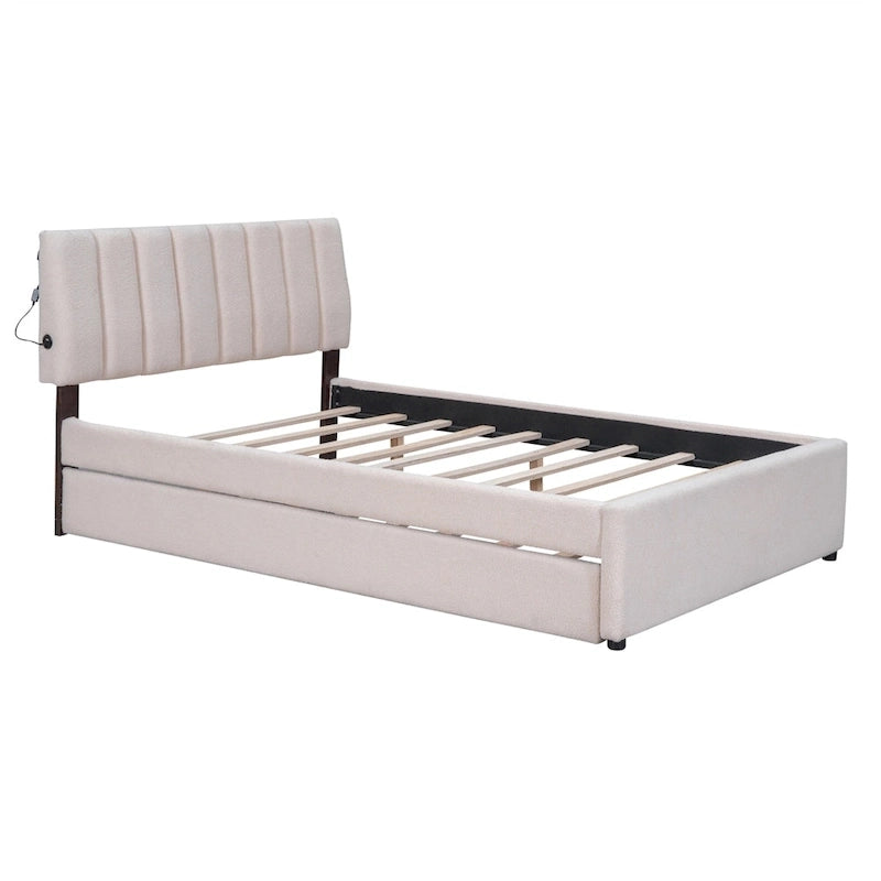 Letto imbottito a piattaforma Full Size beige/grigio con letto estraibile e LED – Per 2 persone
