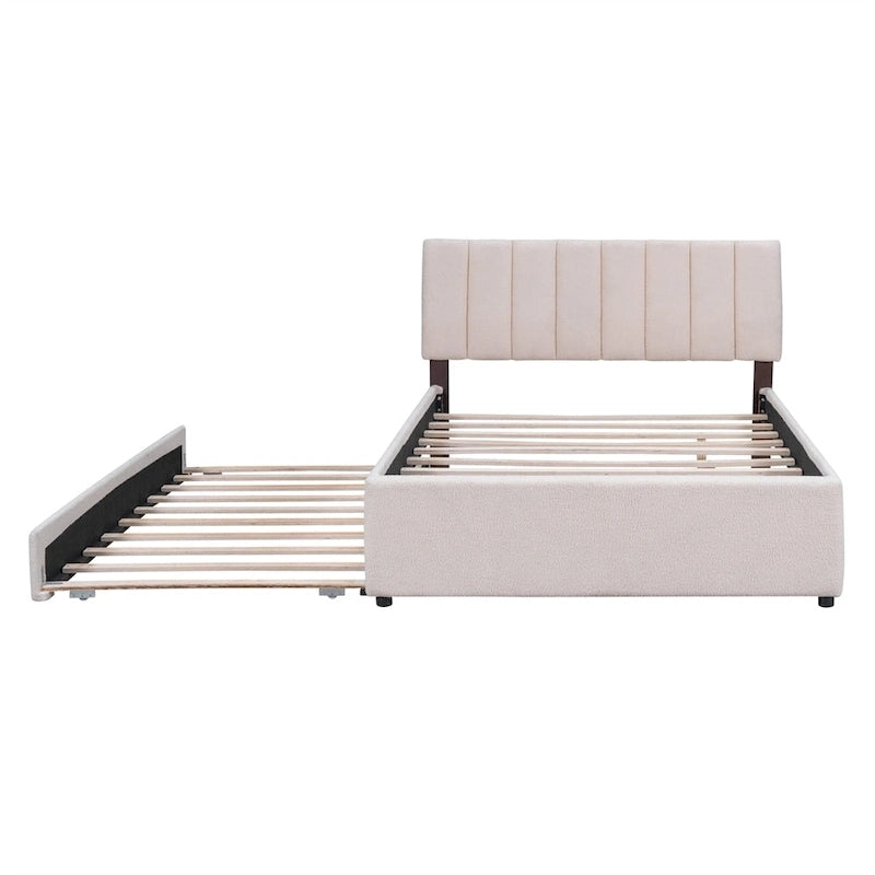 Letto imbottito a piattaforma Full Size beige/grigio con letto estraibile e LED – Per 2 persone