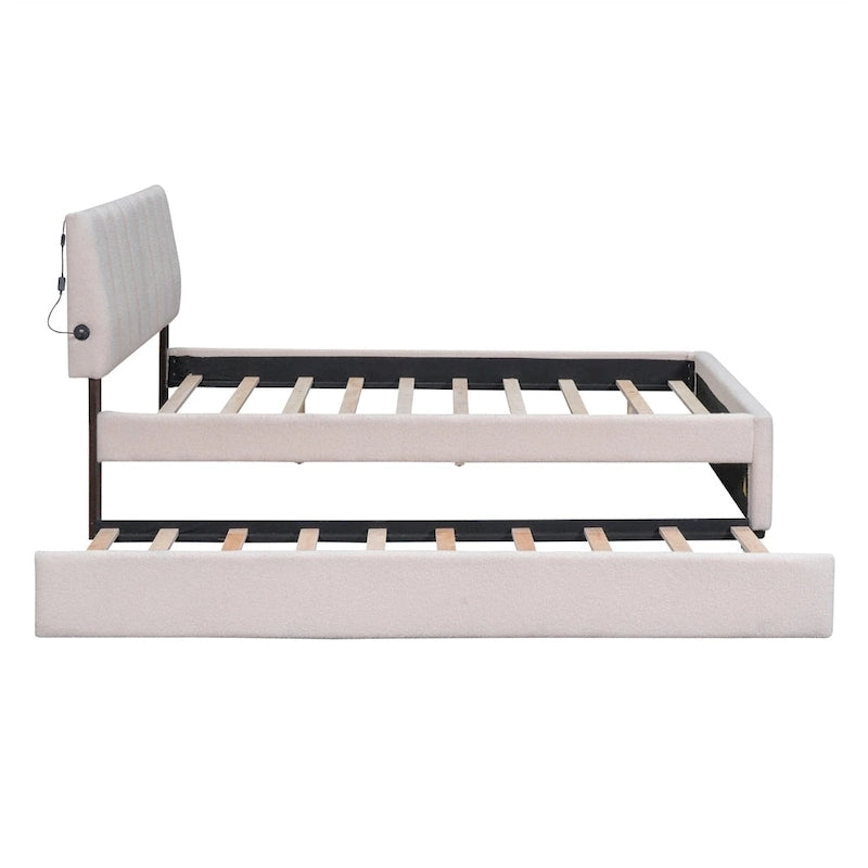 Letto imbottito a piattaforma Full Size beige/grigio con letto estraibile e LED – Per 2 persone
