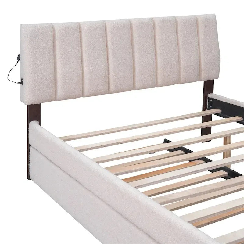 Letto imbottito a piattaforma Full Size beige/grigio con letto estraibile e LED – Per 2 persone