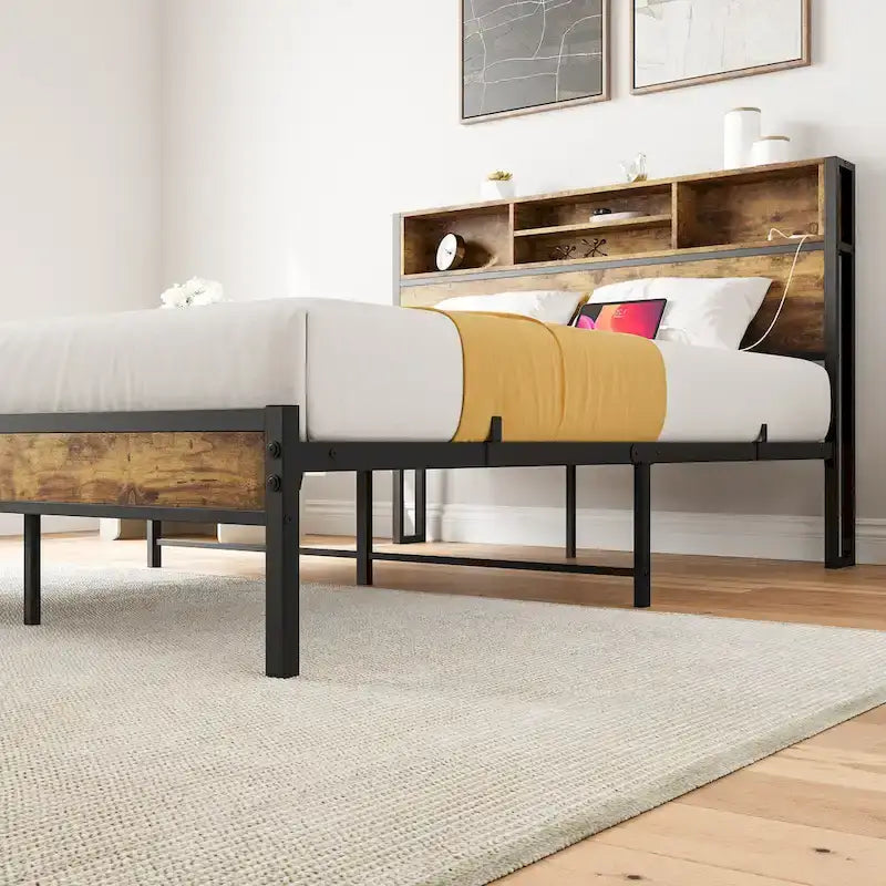 Struttura letto industriale matrimoniale nera con testiera contenitore
