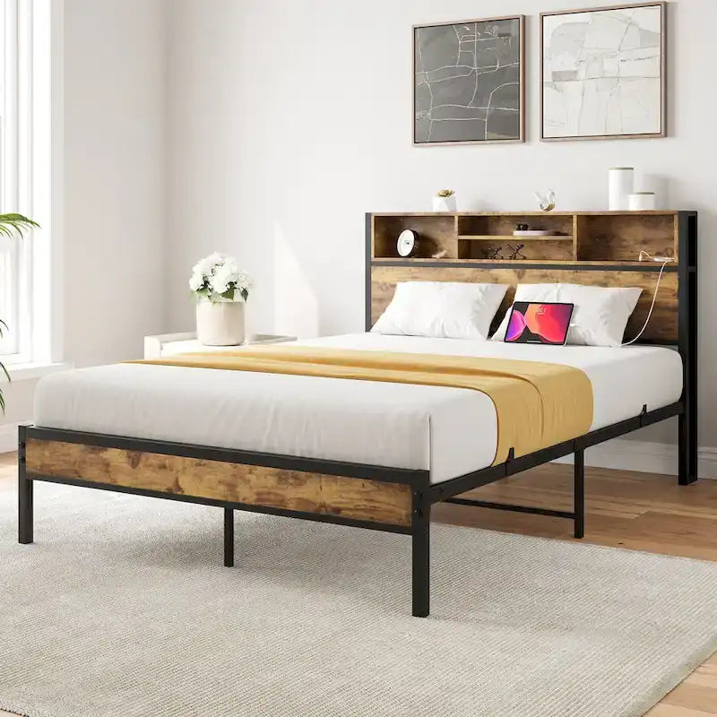 Struttura letto industriale matrimoniale nera con testiera contenitore