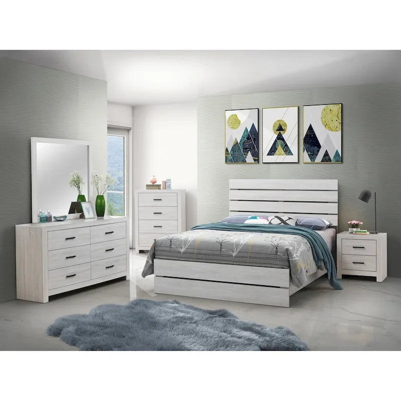 Set camera da letto 5 pezzi con testiera a doghe Coastal White / Barrel Oak, Queen / Eastern King, 2 posti letto