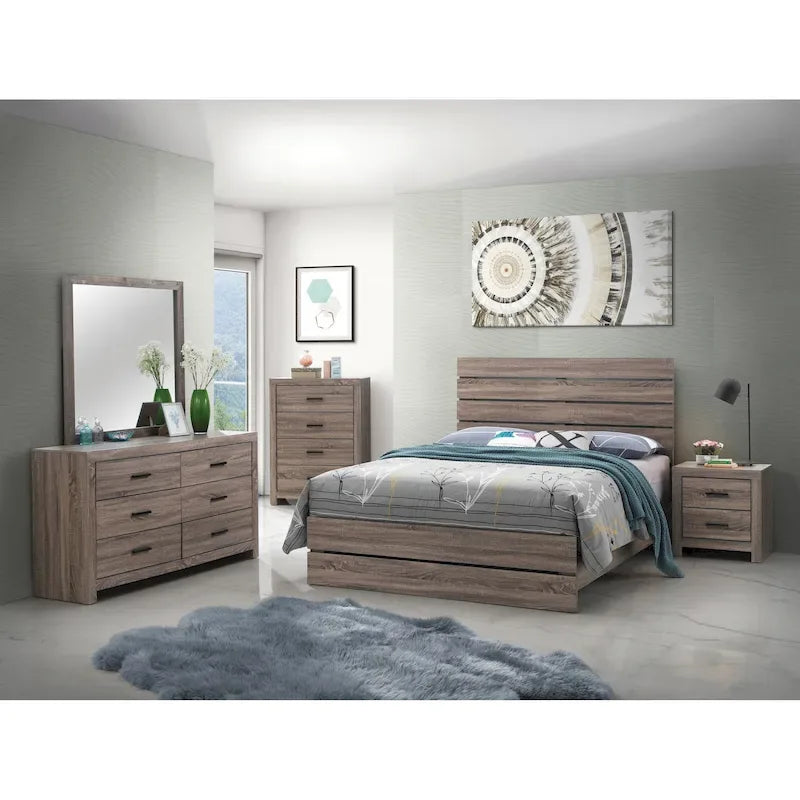 Set camera da letto 5 pezzi con testiera a doghe Coastal White / Barrel Oak, Queen / Eastern King, 2 posti letto