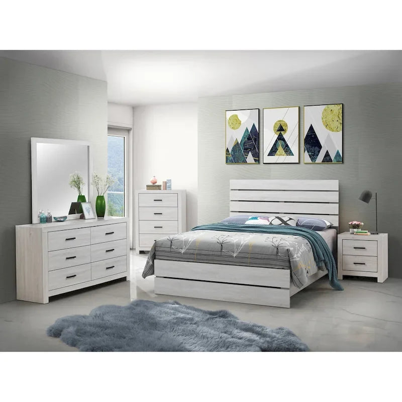 Set camera da letto 5 pezzi con testiera a doghe Coastal White / Barrel Oak, Queen / Eastern King, 2 posti letto