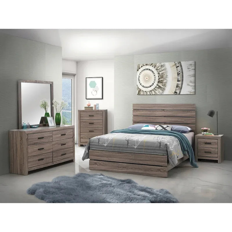 Set camera da letto 5 pezzi con testiera a doghe Coastal White / Barrel Oak, Queen / Eastern King, 2 posti letto