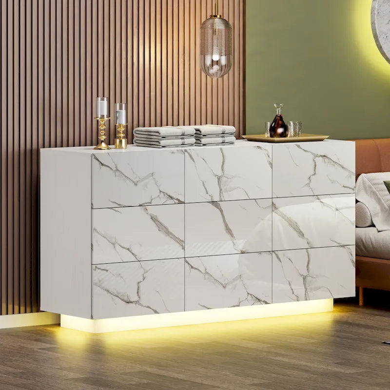 Cassettiera a 9 cassetti con luce LED, Bianco/Nero/Marmore/Blu Marino, Singola