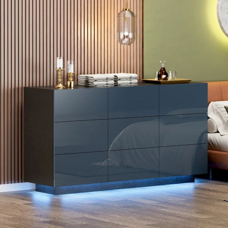 Cassettiera a 9 cassetti con luce LED, Bianco/Nero/Marmore/Blu Marino, Singola