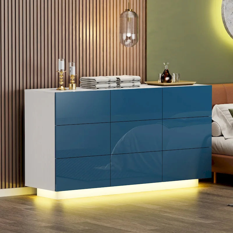 Cassettiera a 9 cassetti con luce LED, Bianco/Nero/Marmore/Blu Marino, Singola
