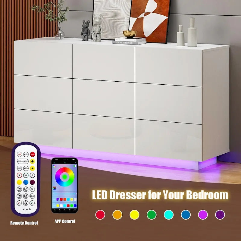 Cassettiera a 9 cassetti con luce LED, Bianco/Nero/Marmore/Blu Marino, Singola
