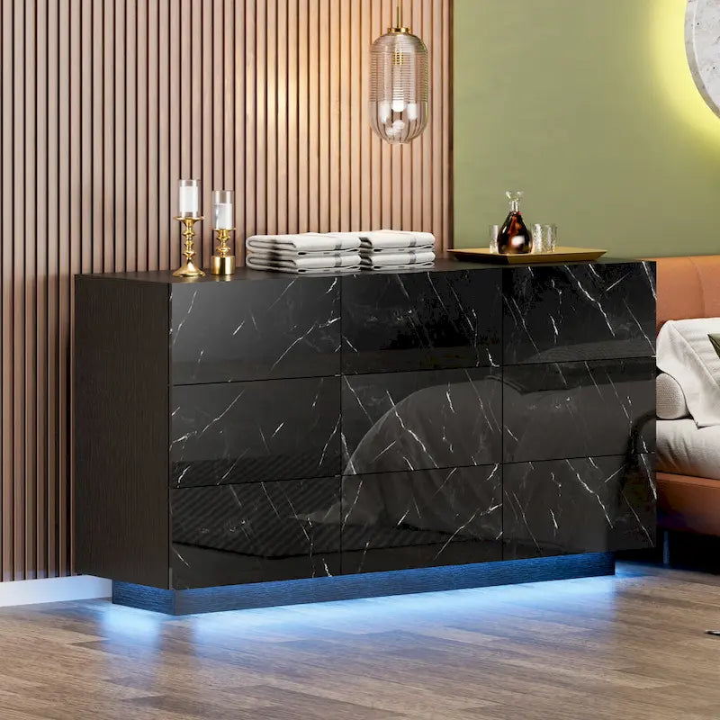 Cassettiera a 9 cassetti con luce LED, Bianco/Nero/Marmore/Blu Marino, Singola
