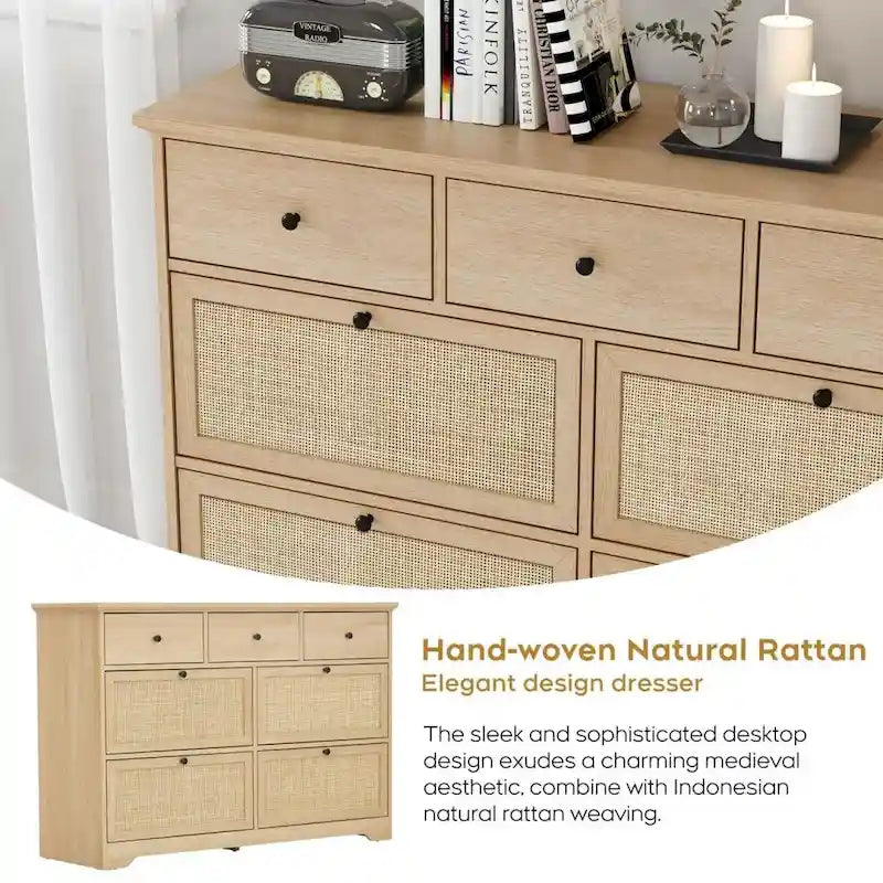 Cassettiera a 7 cassetti, in rattan boho naturale/nera, singola