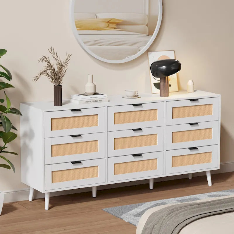 Comò singolo con 9 cassetti frontali in rattan, naturale/bianco