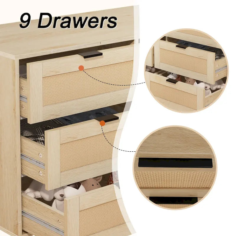 Comò singolo con 9 cassetti frontali in rattan, naturale/bianco