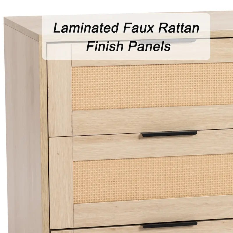 Comò singolo con 9 cassetti frontali in rattan, naturale/bianco