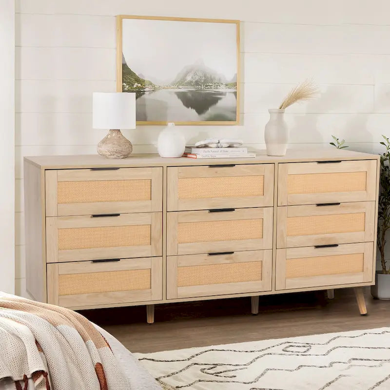 Comò singolo con 9 cassetti frontali in rattan, naturale/bianco