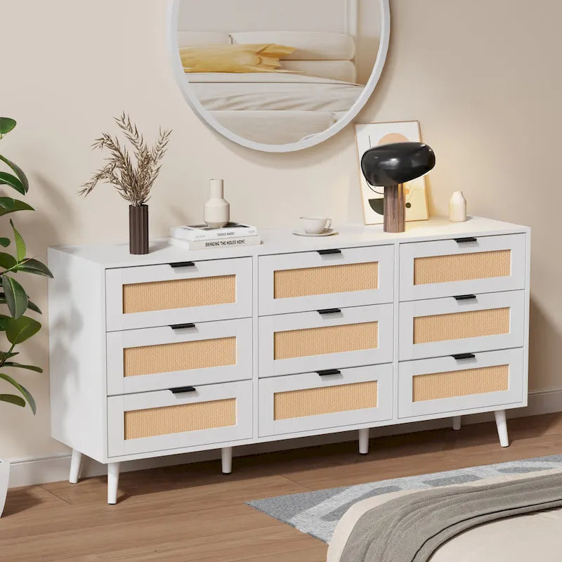 Comò singolo con 9 cassetti frontali in rattan, naturale/bianco