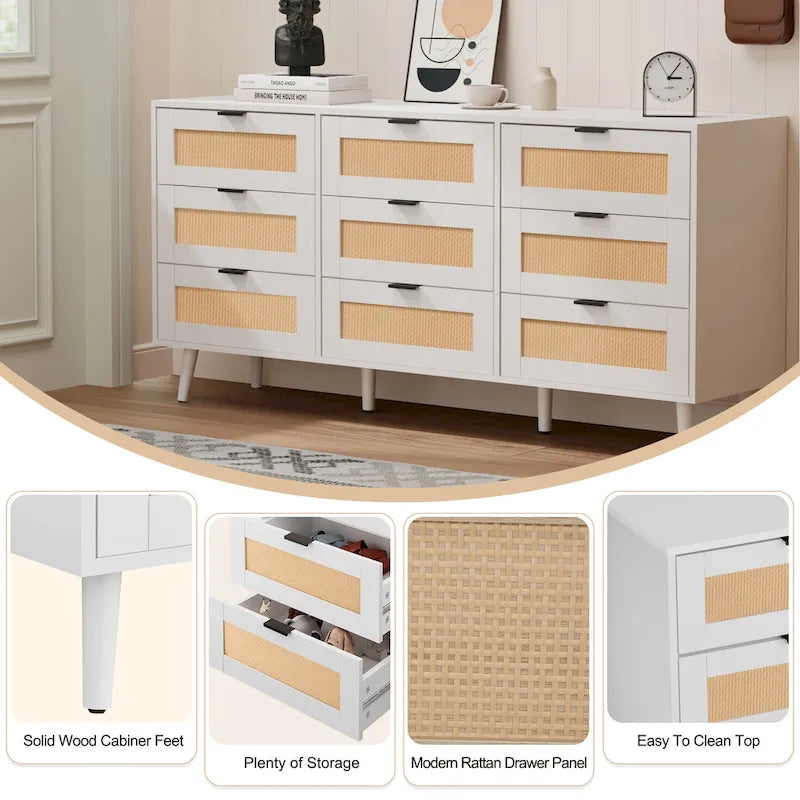 Comò singolo con 9 cassetti frontali in rattan, naturale/bianco