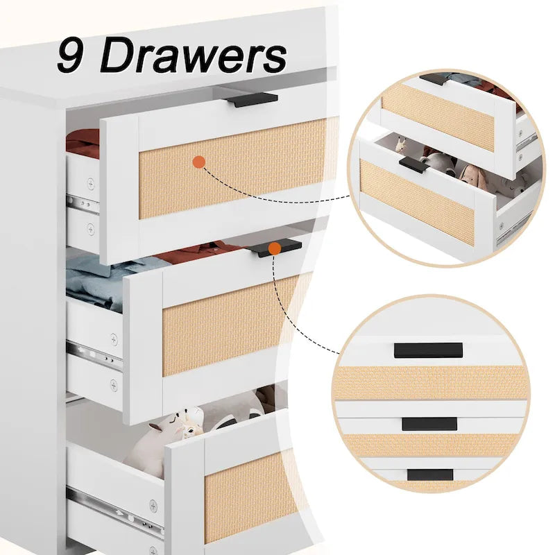 Comò singolo con 9 cassetti frontali in rattan, naturale/bianco