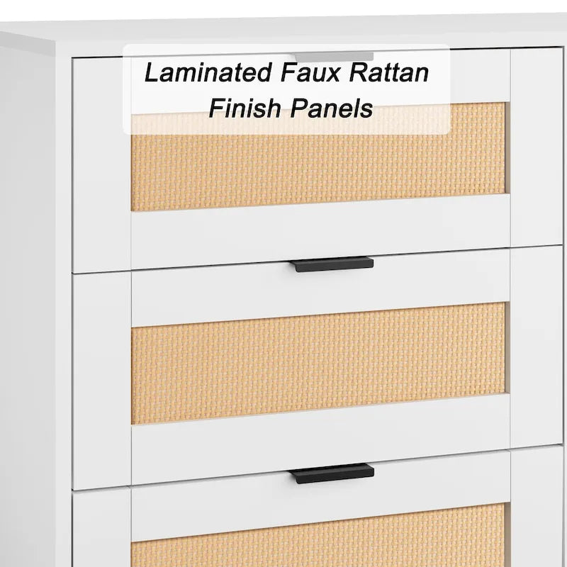 Comò singolo con 9 cassetti frontali in rattan, naturale/bianco
