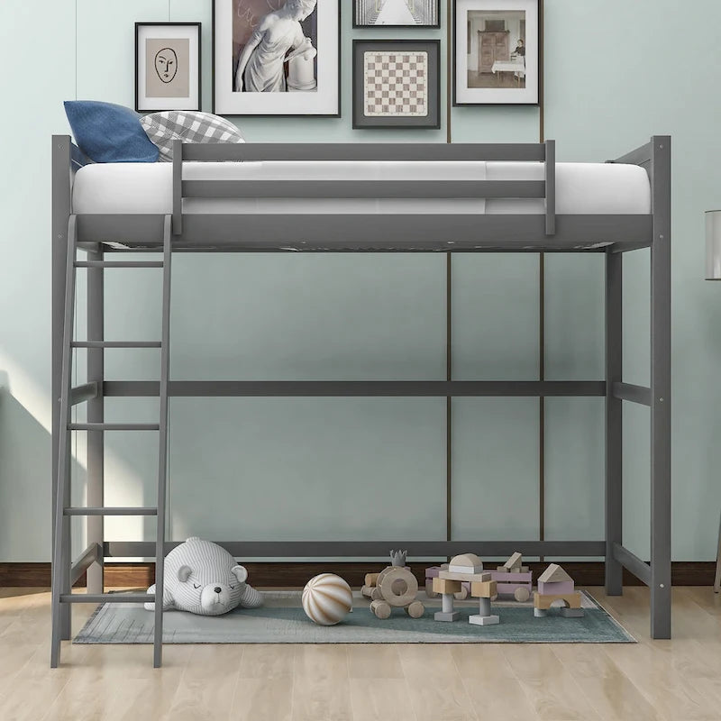 Letto a soppalco singolo con scaletta – Pino massiccio, Marrone/Grigio/Bianco, Posti letto: 1