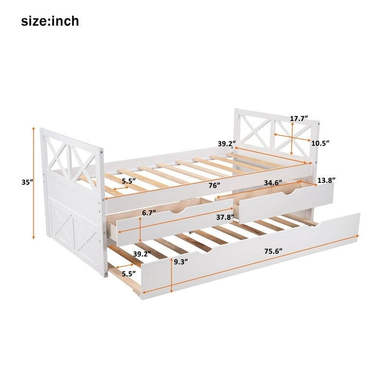 Divano letto singolo bianco con letto estraibile e cassetti contenitore, stile rustico, 2 posti letto
