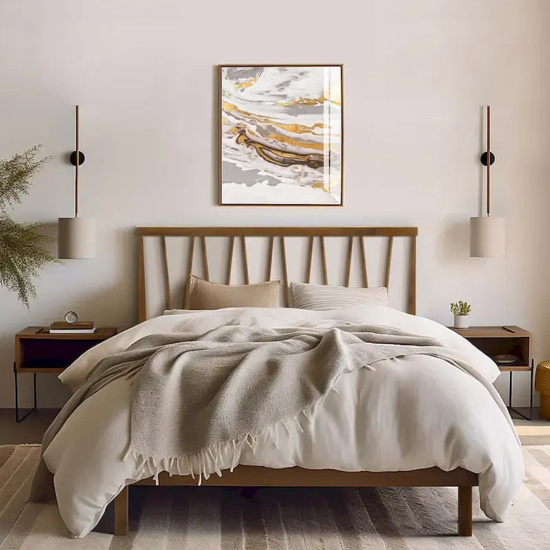 Letto a piattaforma con testiera, pannello a V, in legno marrone scuro, Queen, 1 persona