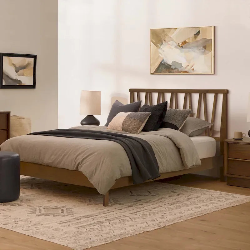 Letto a piattaforma con testiera, pannello a V, in legno marrone scuro, Queen, 1 persona