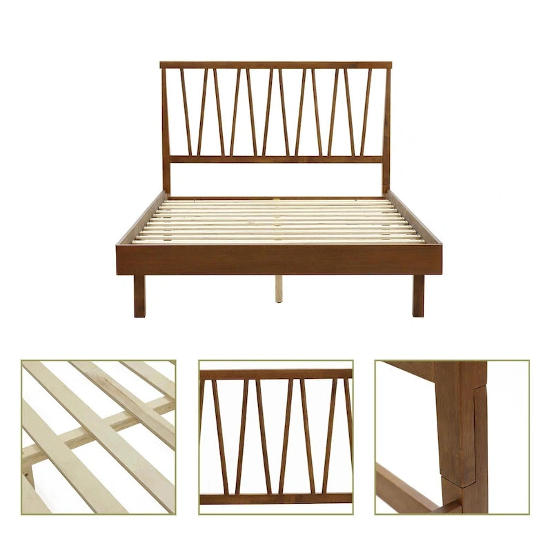 Letto a piattaforma con testiera, pannello a V, in legno marrone scuro, Queen, 1 persona