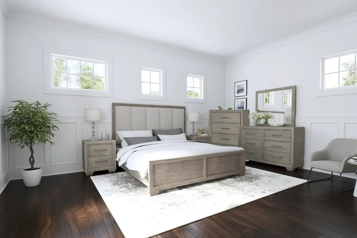 Roundhill Furniture Ennesley Gray Wood Bedroom Set with Upholstered Panel Bed, Dresser, Mirror, 2 Nightstand, and Chest