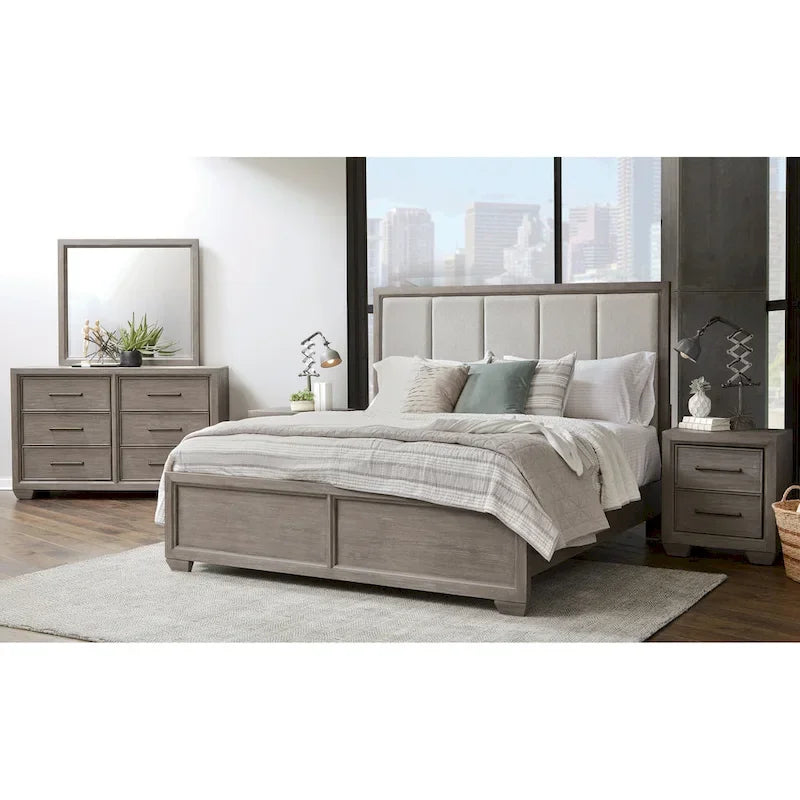 Set camera da letto con pannelli imbottiti grigi, 6 pezzi, King/Queen