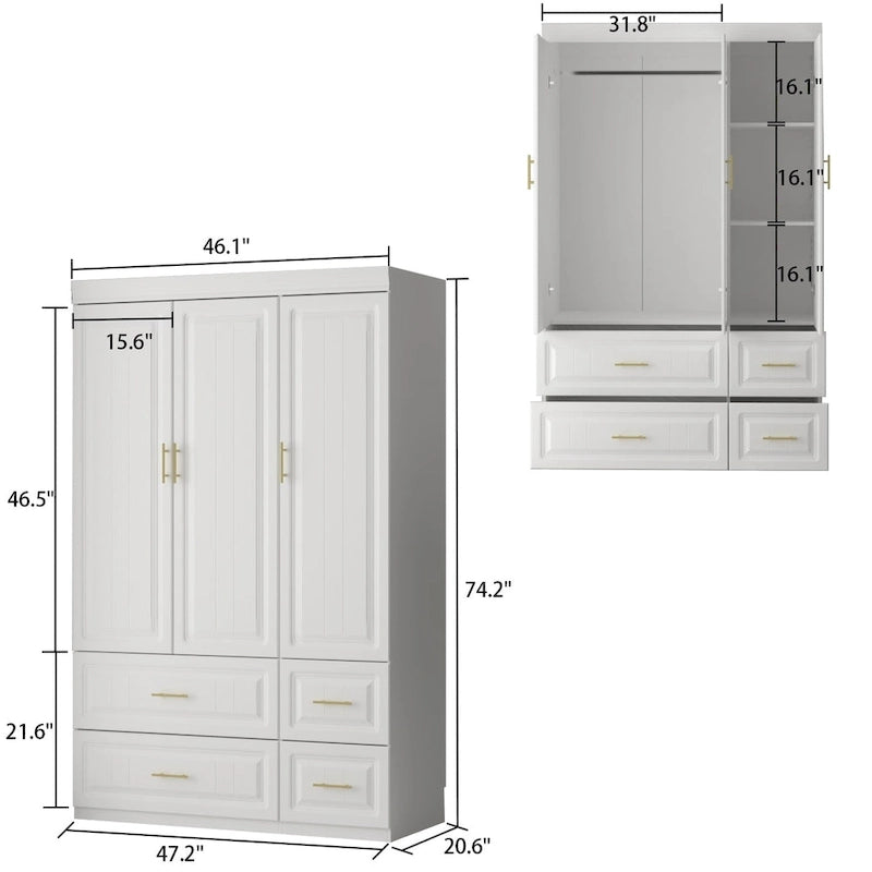 Armadio bianco indipendente con cassetti, armadio a 2 ante, per 1-2 persone, 2 misure