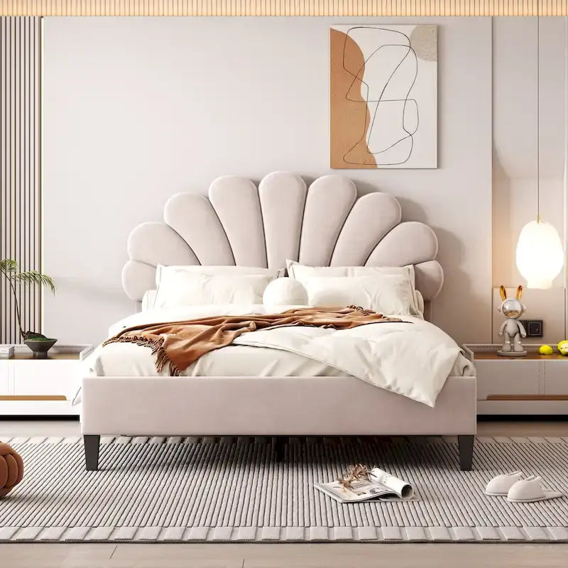 Letto a piattaforma in velluto floreale rosso fagiolo / beige – Matrimoniale / Queen (2 persone)