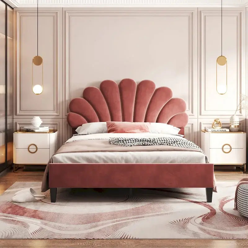 Letto a piattaforma in velluto floreale rosso fagiolo / beige – Matrimoniale / Queen (2 persone)